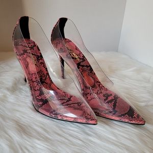 Snakeskin transparent pumps